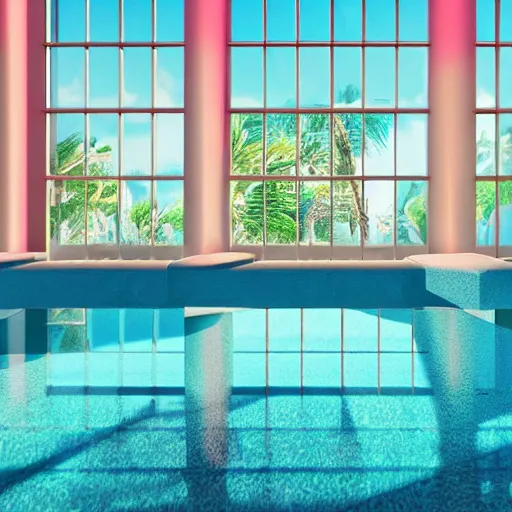 Image similar to a sunlit indoor lounge area with a pool with clear water and another pool with translucent pastel pink water, next to a big window, digital art