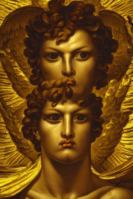 Image similar to archangel Michael, angry face, closeup, ultra detailed, made in gold, Guido Reni style