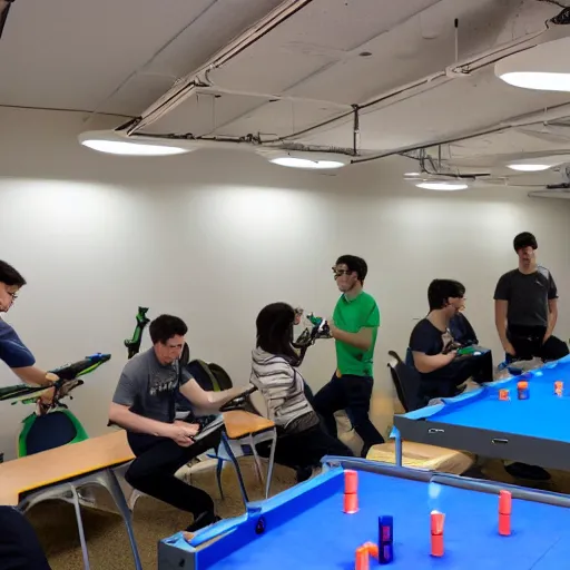 Prompt: Google engineers having a nerf battle in a server room