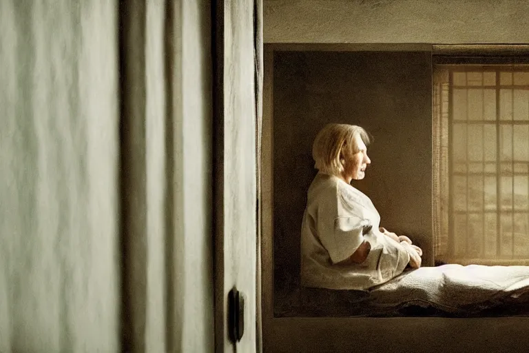 Image similar to a cinematic painting of an old female prisoner inside of jail cell looking out of a window onto a beautiful serene landscape, beautiful lighting, high depth, ultra realistic, artistic, by annie leibovitz, by gregory crewdson