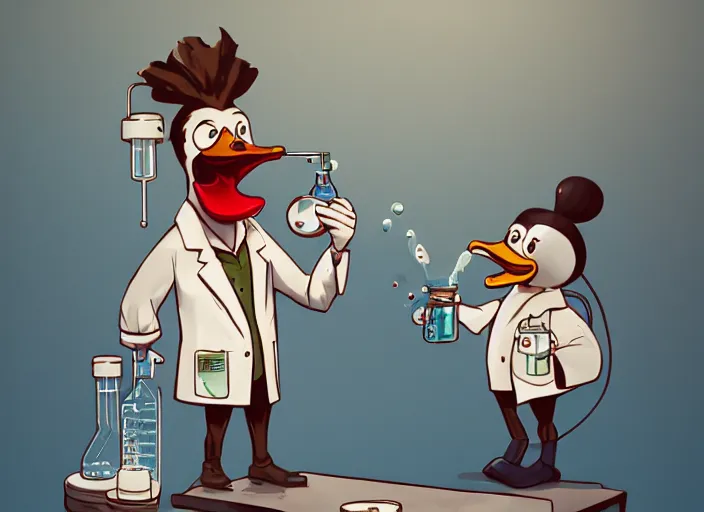 Prompt: anthropomorphic duck as a mad scientist, lab coat, mixing potions in a chaotic chemistry lab, by leesha hannigan and ignacio fernandez rios, intricate, detailed, madcap, artstation, cinematic,