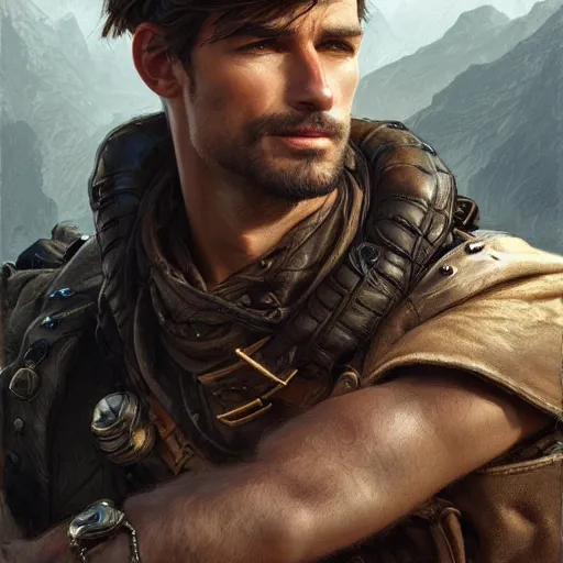 Image similar to portrait of a rugged ranger, handsome, muscular, half body, leather, smirk, fantasy, intricate, elegant, highly detailed, digital painting, artstation, concept art, smooth, sharp focus, illustration, art by artgerm and greg rutkowski and alphonse mucha