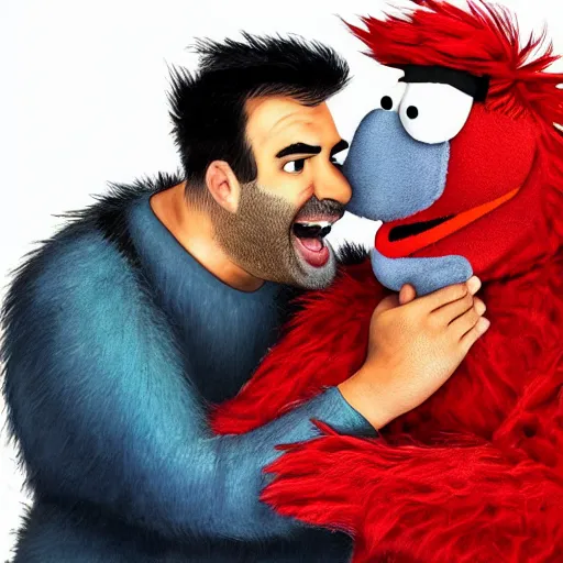 Image similar to a still of bert and elmo sharing a kiss, muppet character looking very manly and modern, hilarious, laughing, hairy chest, huge chin, manly monster tough guy, roughled fur, photo real, photographic, photograph, artstation, trending, featured