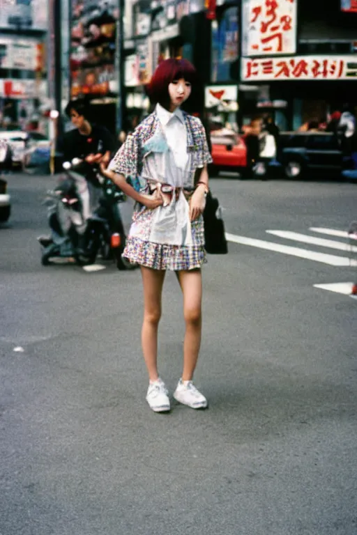 Image similar to a street fashion photograph of a young japanese woman in 9 0 s fashion, standing upright full - body shot, in tokyo akihabara, shot on cinestill 5 0 d with a canon 3 5 mm at f / 5. 6 lens, print magazine, photorealistic, nineties nostalgia, 4 k