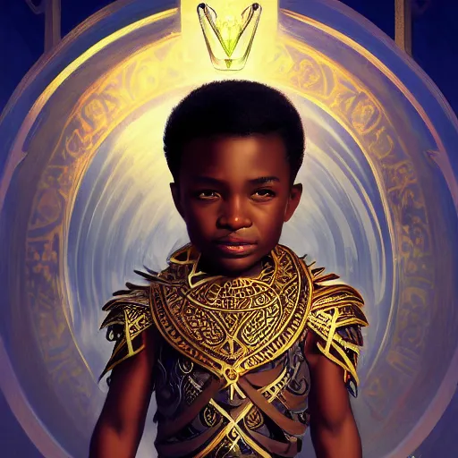 Image similar to an african celestial prince (black boy toddler), kemetic, D&D, fantasy, intricate, elegant, highly detailed, digital painting, artstation, concept art, matte, sharp focus, illustration, art by Artgerm and Greg Rutkowski and Alphonse Mucha