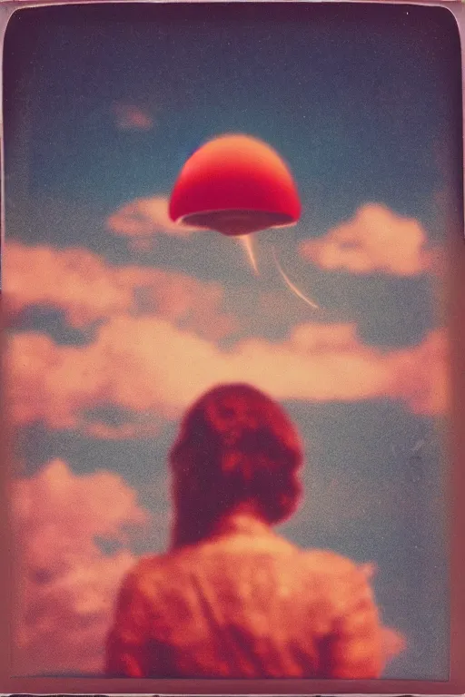 Image similar to vintage polaroid of a beautiful woman spotting a ufo in the sky, seen from behind, detailed clouds, warm azure tones, red color bleed, film grain