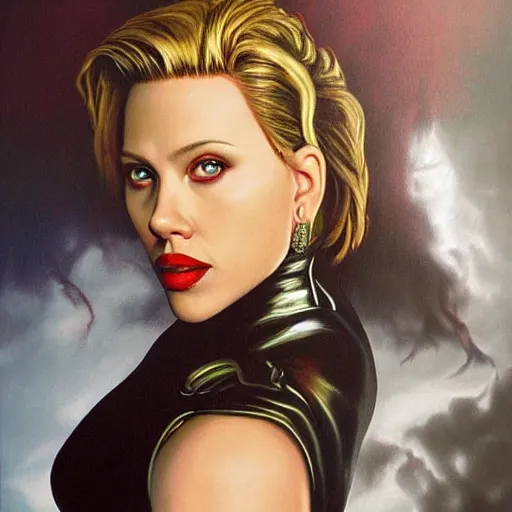 Image similar to a hyperrealistic painting of Scarlett Johanson as an evil witch by Jason Edmiston,