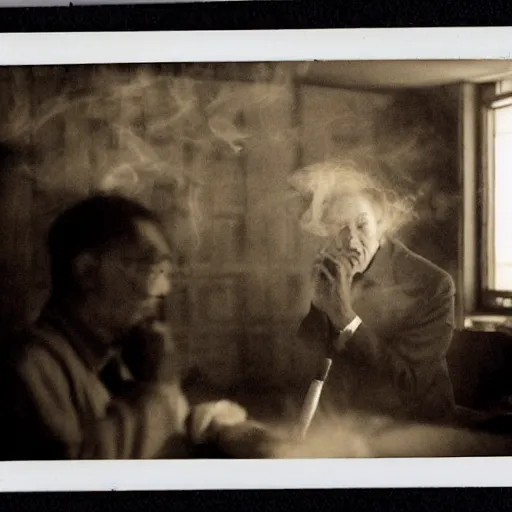 Prompt: An oldman, smoking, in a bar, Chinese Painting, Polaroid, Wide Angle