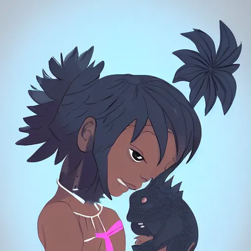 Prompt: Dark skinned girl holding pet chibi Godzilla, Digital Art, Highly Detailed