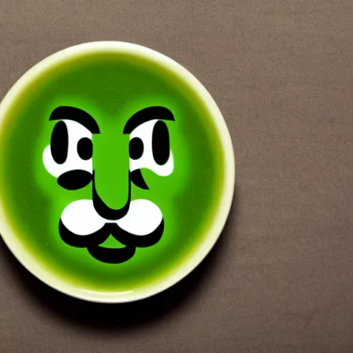 Image similar to luigi's face on the surface of green tea.