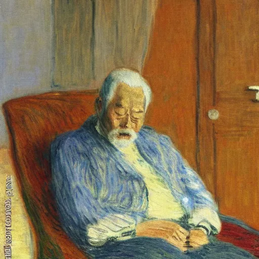 Prompt: japanese old man sleeping on arm chair in his living room by monet