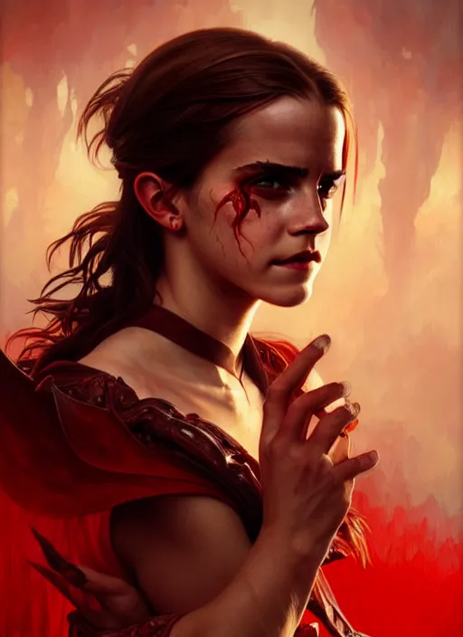 Image similar to portrait of emma watson as demon, red skin, batwings, hell, intricate, headshot, highly detailed, digital painting, artstation, concept art, sharp focus, cinematic lighting, illustration, art by artgerm and greg rutkowski, alphonse mucha, cgsociety