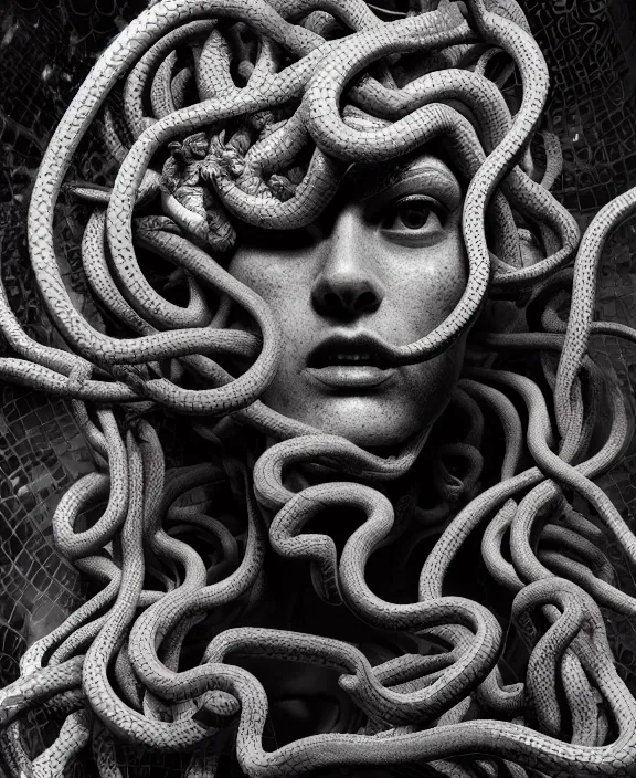 Image similar to beautiful medusa head highly detailed snakes, cosmic horror, abstract, ghostly, arcade, duotone, poltergeist, epic lighting, intricate, elegant, highly detailed, smooth, sharp focus, photo real, ultra realistic, unreal engine 5, raytracing, in the style of beeple and mike winkelmann, ultraviolet colors