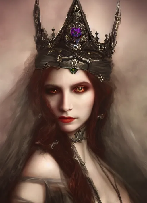 Prompt: mysterious beautiful Victorian vampire princess with long hair and a jeweled crown, fantasy, medieval, vivid colors, fantasy, elegant, concept art, sharp focus, beautiful face!!, digital art, Hyper-realistic, 4K, Unreal Engine, Highly Detailed, HD, Dramatic Lighting by Brom, trending on Artstation