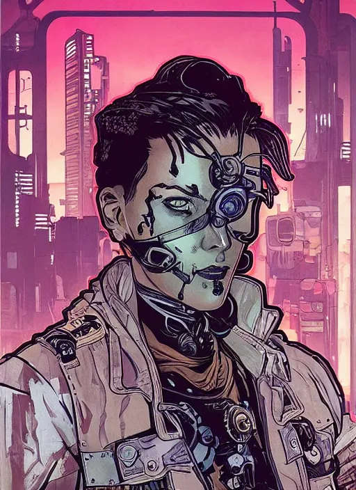 Prompt: cyberpunk detective. portrait by ashley wood and alphonse mucha and laurie greasley and josan gonzalez and james gurney. spliner cell, apex legends, rb 6 s, hl 2, d & d, cyberpunk 2 0 7 7. realistic face. character clothing. vivid color. dystopian setting.