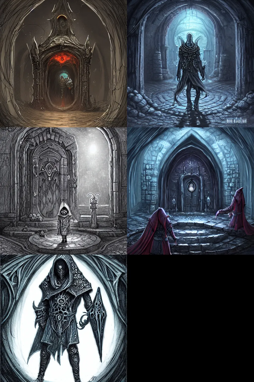 Prompt: extremely detailed intricate concept art of hooded necromancer in front of a lovecraft portal