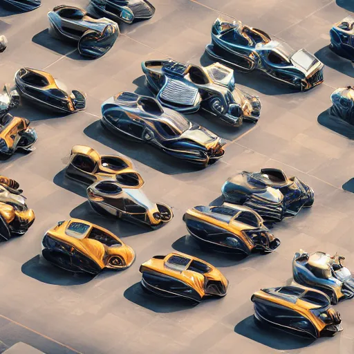 Image similar to parking several cars: center composition, cars portraits, ground view, motherboard forms designed by zaha hadid, sci-fi futuristic ultra realistic photography, keyshot render, octane render, unreal engine 5 lumen, high oiled liquid glossy specularity reflections, ultra detailed, golden hour, dramatic lighting 4k, 8k, 16k in the style ofblade runner 2049 Cyberpunk 2077 ghost in the shell thor 2 marvel film : tilt shift: sharp focus