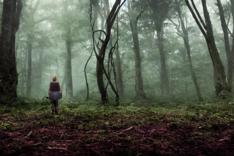 Image similar to a tourist visiting a complex organic fractal sphere floating in a lush forest, foggy, cinematic shot, photo still from movie by denis villeneuve