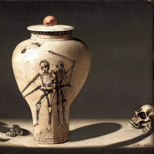 Image similar to roman jar illustrated with exploding skeletons