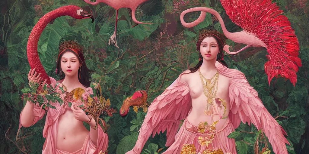 Image similar to breathtaking detailed concept art painting of the goddess of flamingo, orthodox saint, with anxious, piercing eyes, ornate background, amalgamation of leaves and flowers rafflesia arnoldii, by Hsiao-Ron Cheng and John James Audubon, extremely moody lighting, 8K