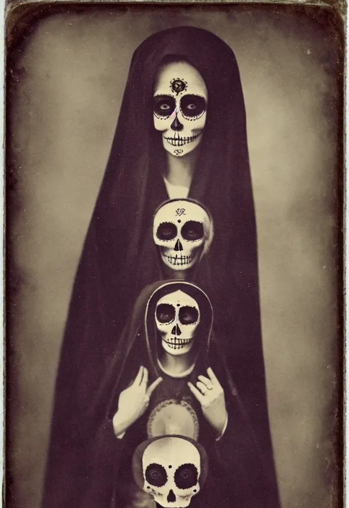 Image similar to daguerreotype, full body view, one woman, virgin mary, dia de muertos dress and make up