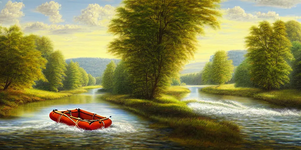 Prompt: A very detailed painting in the style of featuring a river in Europe surrounded by trees and fields. A rubber dinghy is slowly moving through the water. Sun is shining, photorealistic digital art