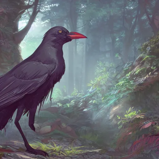 Image similar to concept art painting of an anthropomorphic crow person with steampunk clothes, in the deep forest, realistic, detailed, cel shaded, in the style of makoto shinkai and greg rutkowski and james gurney