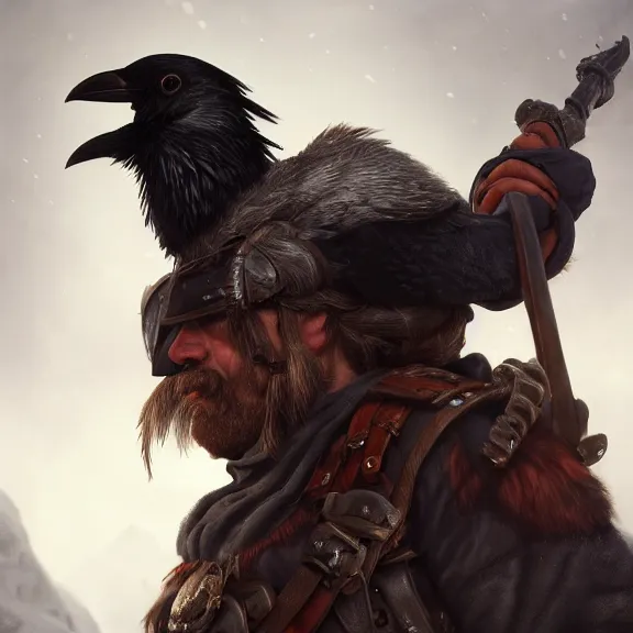 Prompt: Dwarf Ranger with Raven Companion on Shoulder, RPG Portrait Full Body, Oil Painting, Trending on Artstation, octane render, Insanely Detailed, 8k, HD