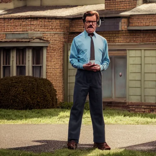 Image similar to Bryan Cranston dressed up as Ned Flanders for The Simpsons Live Action Movie film still, 4k resolution, 8k resolution, HD Quality, highly detailed, very detailed, detailed, studio quality lighting, digital art, trending on artstation, film still