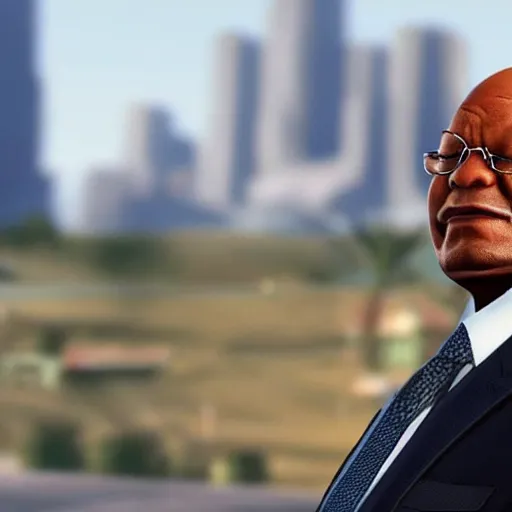 Image similar to Game still of Jacob Zuma as a character in GTA loading screen