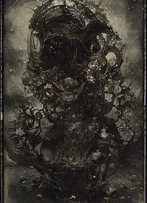 Prompt: old wetplate daguerreotype beautiful demon, explosion of data fragments, fractal, intricate, elegant, highly detailed, parallax, leica, medium format, subsurface scattering, by jheronimus bosch and greg rutkowski and louis jacques mande daguerre