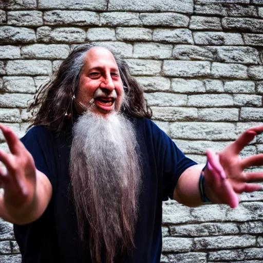 Image similar to Richard Stallman an arcane wizard casting a spell, 4k, fantasy, mystical, Sony A7R III, 85mm, f/1.8, 2018