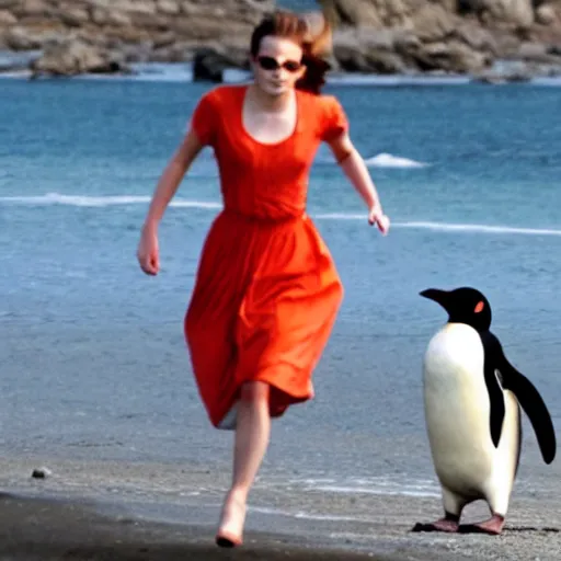 Image similar to a photograph of emma watson chasing a penguin