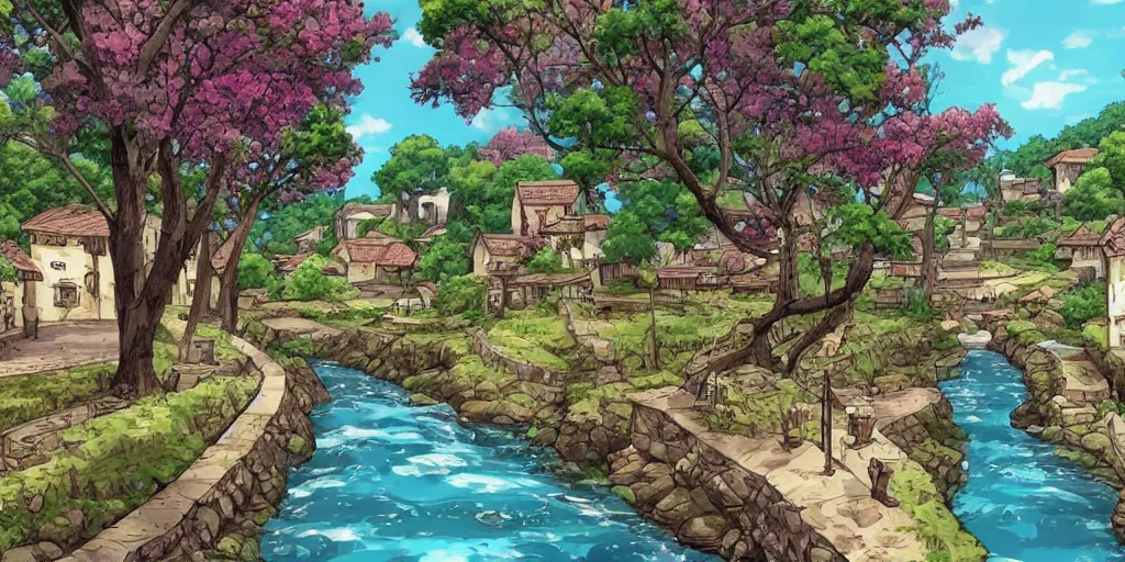 Prompt: a river winding through a small village, in the style of march comes in like a lion, anime, stylized, vibrant, warm