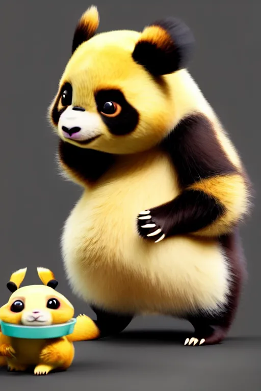 Image similar to high quality 3 d render hyperrealist very cute creepy happy panda & tortoise hybrid eating ice cream, vray smooth, in the style of detective pikachu, very dramatic light, low angle, uhd 8 k, shallow depth or field