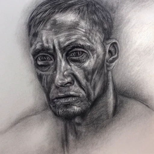 Image similar to Detailed portrait of a weary jarhead. Charcoal.