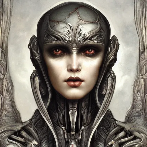 Prompt: by Tom Bagshaw, ultra realist soft painting of giger universe of curiosities, single female Xeno mutation in gothic armor, partial symmetry accurate features, very intricate details, focus, curvy, award winning, ultra dense fog