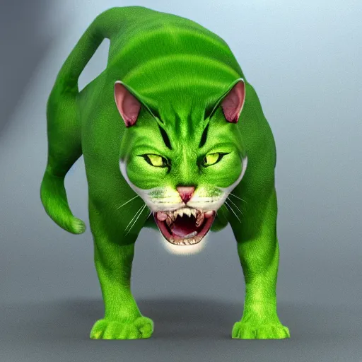 Prompt: photorealistic 8k render of a supermutant enhanced green cat with long moustache and strong muscles