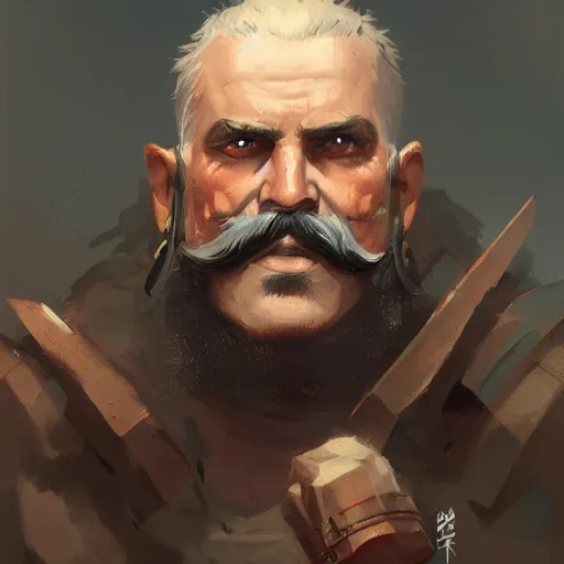 Prompt: portrait old vice barbarian warrior with trucker mustache and short hair, 8 k, trending on art station, by tooth wu and greg rutkowski