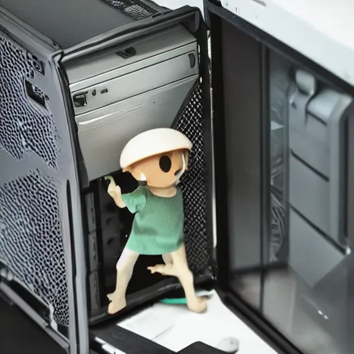 Prompt: tiny mushroom fella explores an open computer case