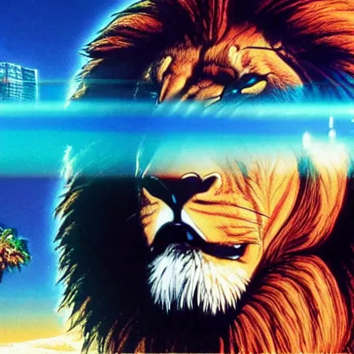 Image similar to a vhs still of a concept art with a anthropomorphic muscular male lion wearing sci fi clothing in a vaporwave artwork composition, windows 9 8 logo, in the movie lifeforce ( 1 9 8 5 ) 8 k, intricate, pastel colors