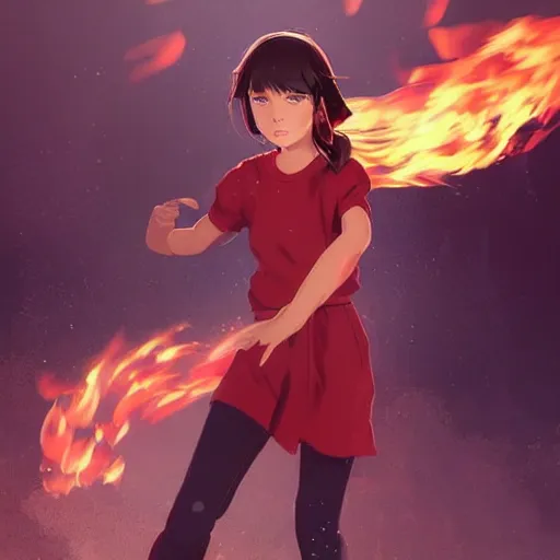 Prompt: Full body, splash art by WLOP, Ilya kuvshinov, Krenz Cushart, and Greg Rutkowski, trending on artstation. Realistic fantasy cute Native Indian young girl with silky hair, wearing a red-sleeved white t-shirt with jeans, she has fire powers, her hair glows astonishing fire flames, Cinematic dramatic atmosphere of a mystic forest, sharp focus, soft volumetric studio lighting