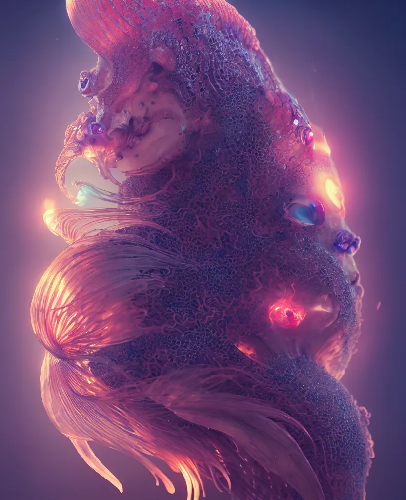 Image similar to goddess close-up portrait. chimera orchid jellyfish phoenix head, nautilus, skull, betta fish, bioluminiscent creatures, intricate artwork by Tooth Wu and wlop and beeple. octane render, trending on artstation, greg rutkowski very coherent symmetrical artwork. cinematic, hyper realism, high detail, octane render, 8k