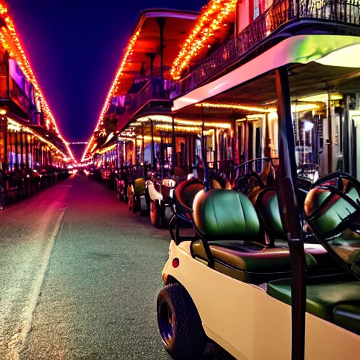 Image similar to golf carts driving down bourbon street in new orleans at night. cinematic lighting