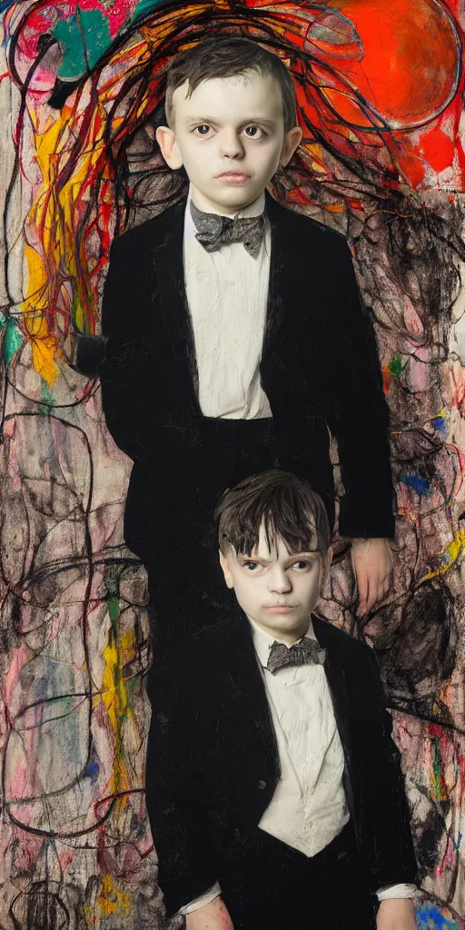 Image similar to portrait of a child in tuxedo painted by vincent lefevre and hernan bas and pablo amaringo and pat steir and hilma af klint, background in high definition 3 d, psychological, photorealistic, dripping paint, washy brush, rendered in octane, altermodern, masterpiece