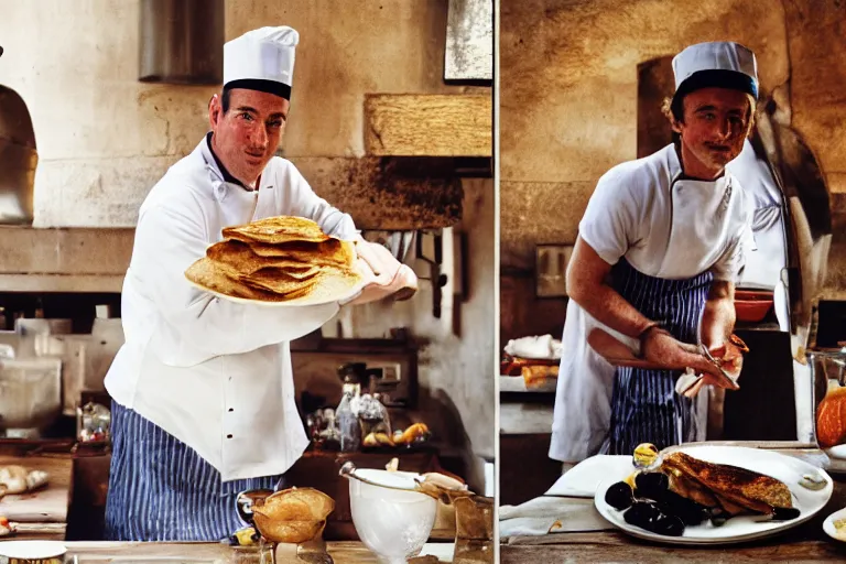 Image similar to closeup potrait Dutch chefs impressing french peasants with superior pancakes, natural light, sharp, detailed face, magazine, press, photo, Steve McCurry, David Lazar, Canon, Nikon, focus
