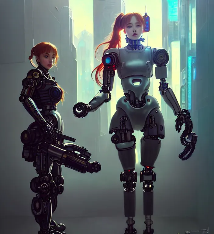 Image similar to full body painting of chuu loona cyberpunk mercenary smiling and fighting a robot, ultra realistic, concept art, intricate details, eerie, highly detailed, photorealistic, octane render, 8 k, unreal engine. art by artgerm and greg rutkowski and magali villeneuve and alphonse mucha