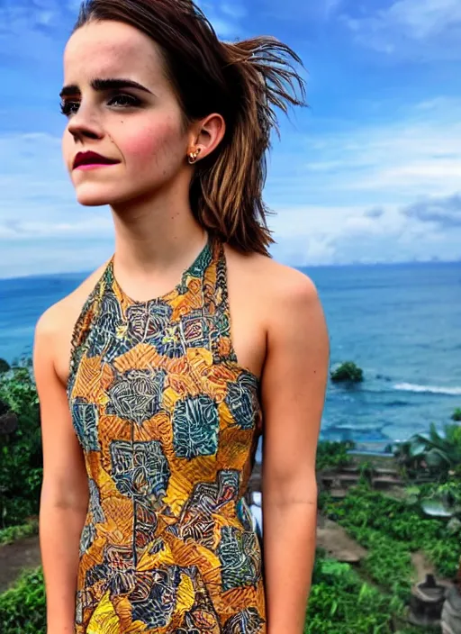 Prompt: emma watson wearing batik bali in bali. iconic place in bali. front view. instagram holiday photo shoot, perfect faces, award winning photography