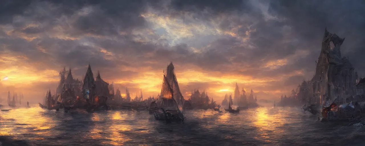 Image similar to sunset lighting ominous shadows, cinematic fantasy painting, dungeons and dragons, peaceful evening harbor, port, medieval coastal village, jessica rossier and brian froud