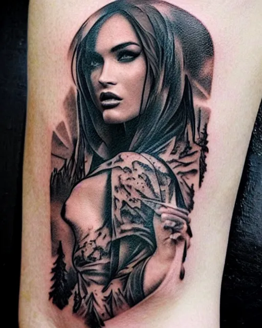 Image similar to creative double exposure effect tattoo design sketch of megan fox blended with beautiful mountains, realism tattoo, in the style of matteo pasqualin, amazing detail, sharp